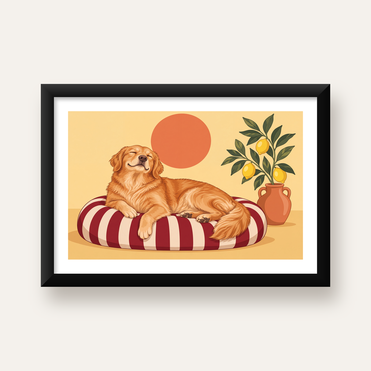 Mutlu Köpek & Limon Ağacı Poster – Dijital İllüstrasyon Baskı — Yatay baskı, beyaz paspartulu