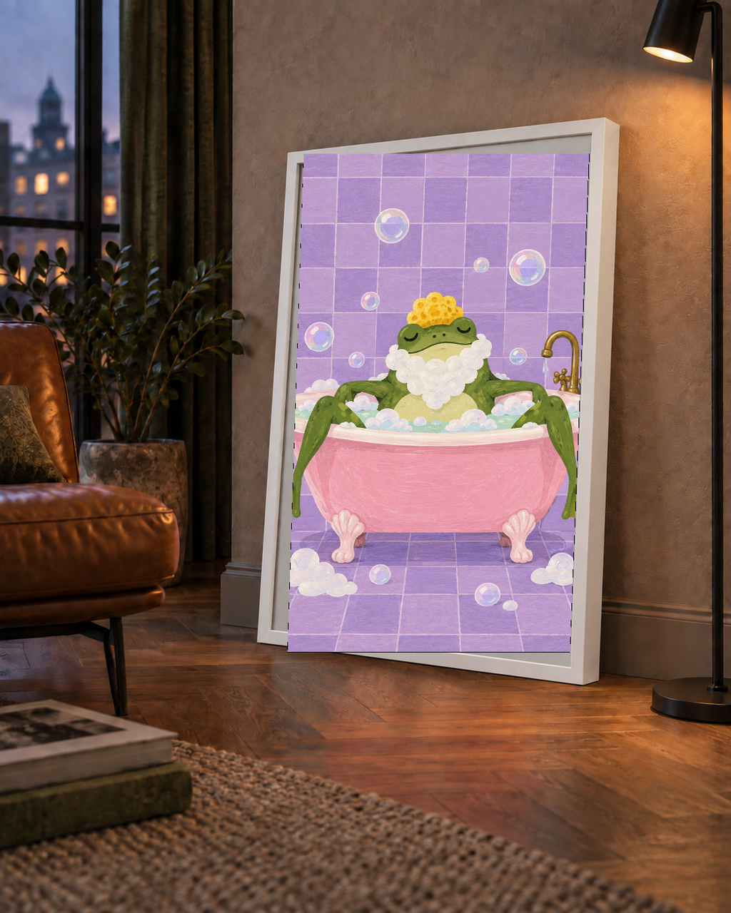 Küvette Rahatlayan Kurbağa Sevimli Poster – Mor & Pembe Dekor