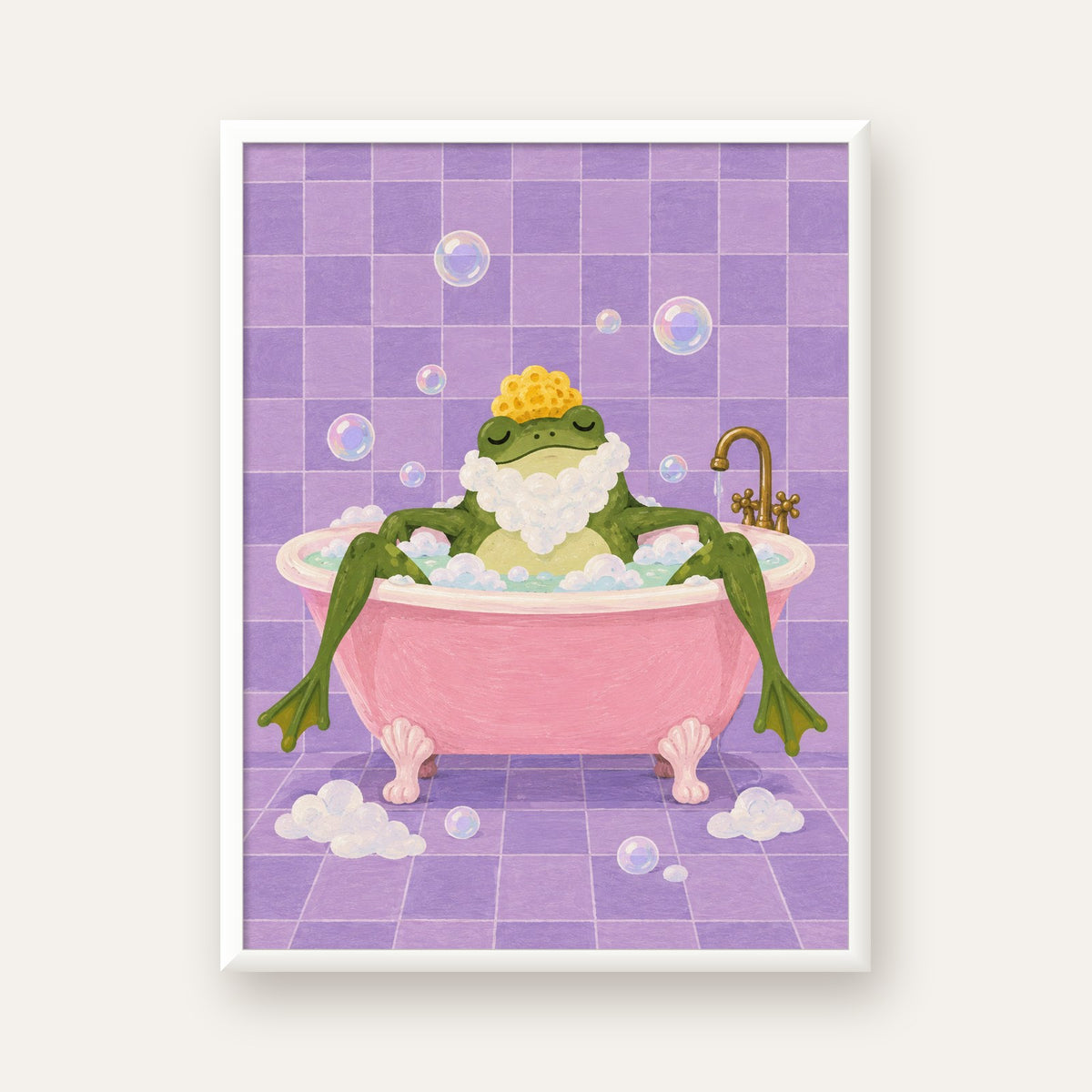 Küvette Rahatlayan Kurbağa Sevimli Poster – Mor & Pembe Dekor — beyaz çerçeveli dikey poster