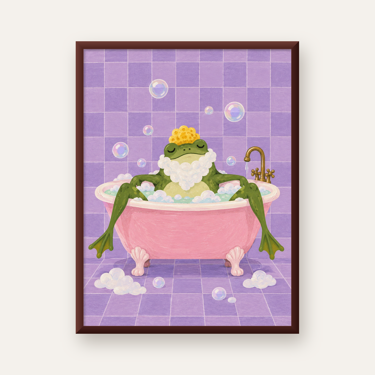 Küvette Rahatlayan Kurbağa Sevimli Poster – Mor & Pembe Dekor — ceviz çerçeveli