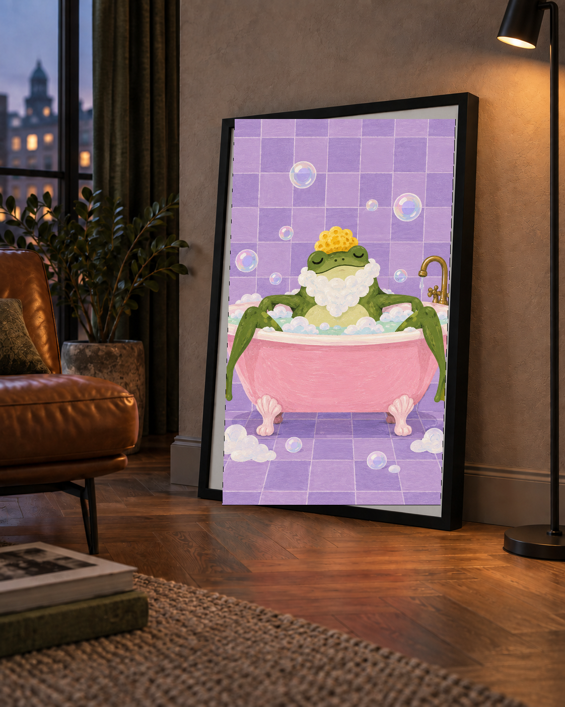 Küvette Rahatlayan Kurbağa Sevimli Poster – Mor & Pembe Dekor