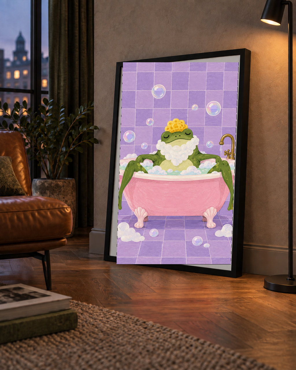 Küvette Rahatlayan Kurbağa Sevimli Poster – Mor & Pembe Dekor