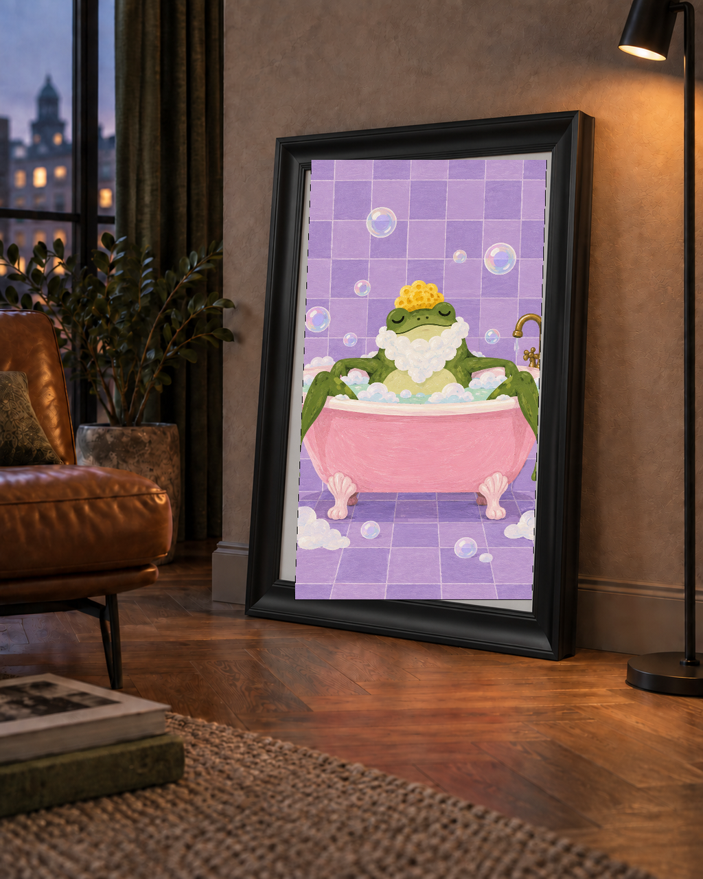 Küvette Rahatlayan Kurbağa Sevimli Poster – Mor & Pembe Dekor