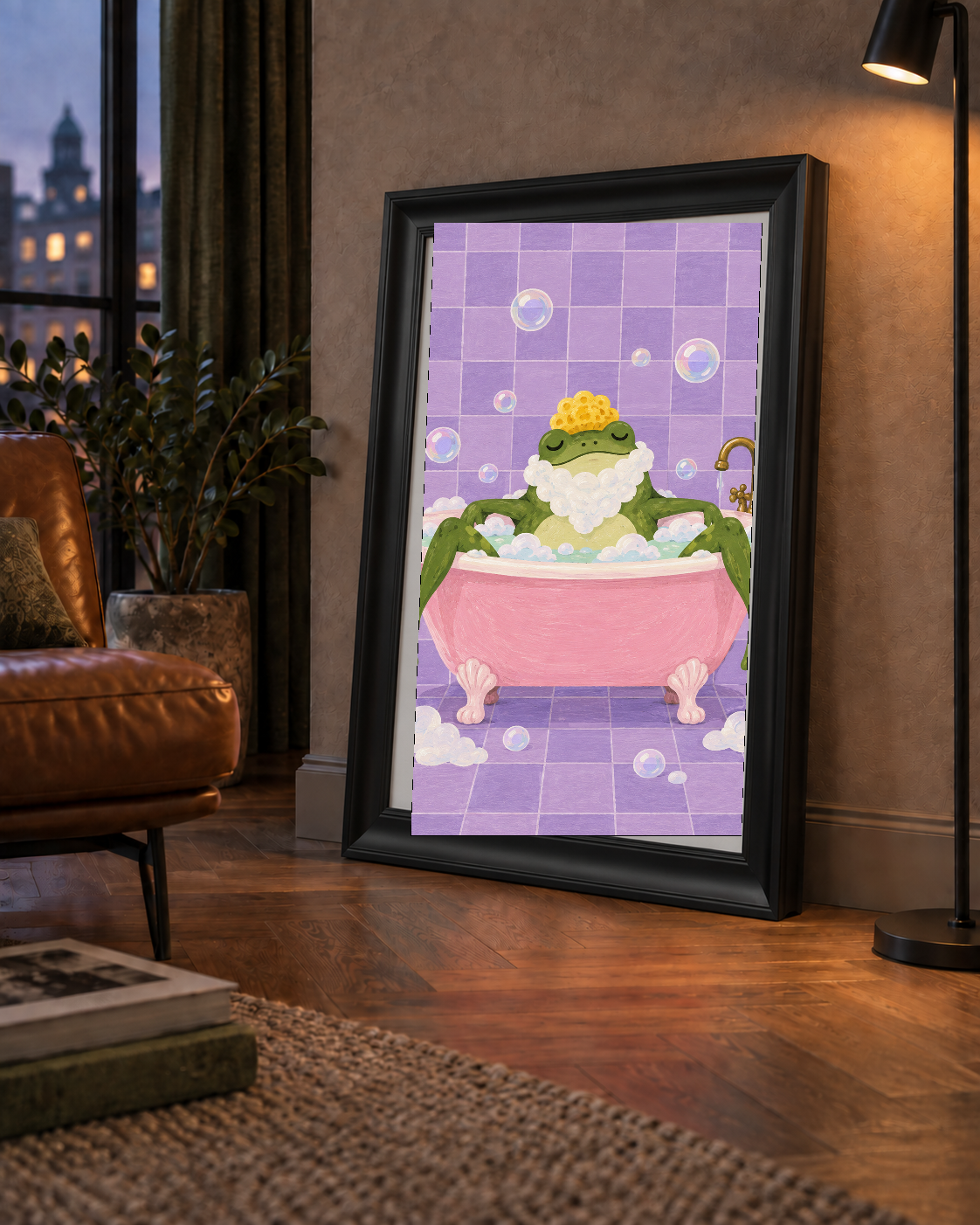 Küvette Rahatlayan Kurbağa Sevimli Poster – Mor & Pembe Dekor