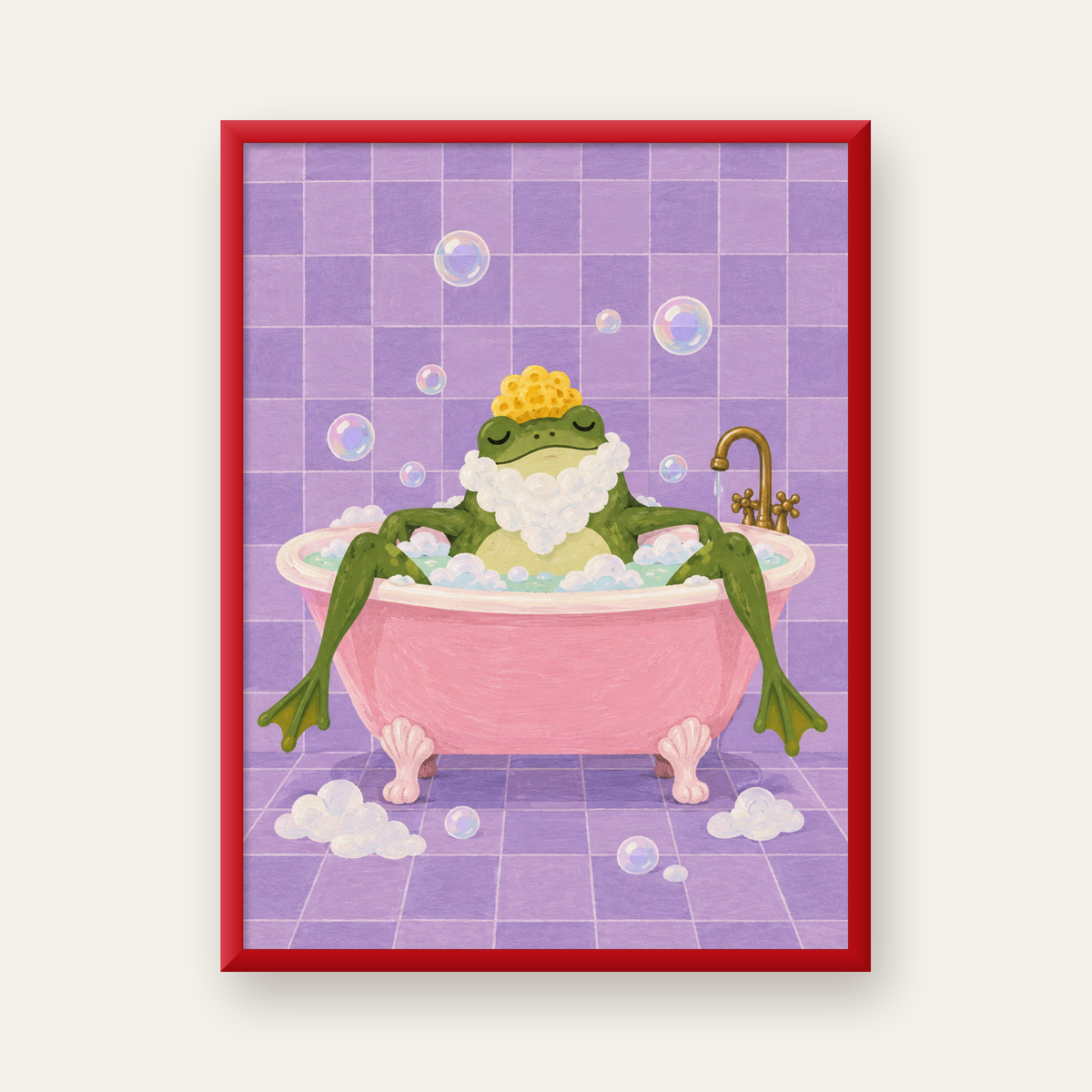 Küvette Rahatlayan Kurbağa Sevimli Poster – Mor & Pembe Dekor — kırmızı çerçeveli