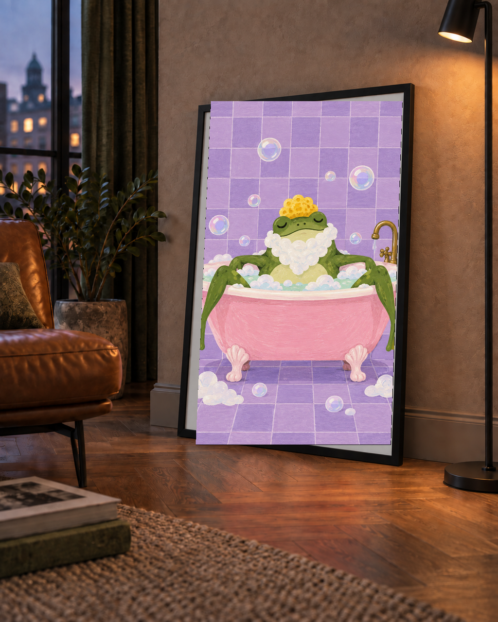 Küvette Rahatlayan Kurbağa Sevimli Poster – Mor & Pembe Dekor