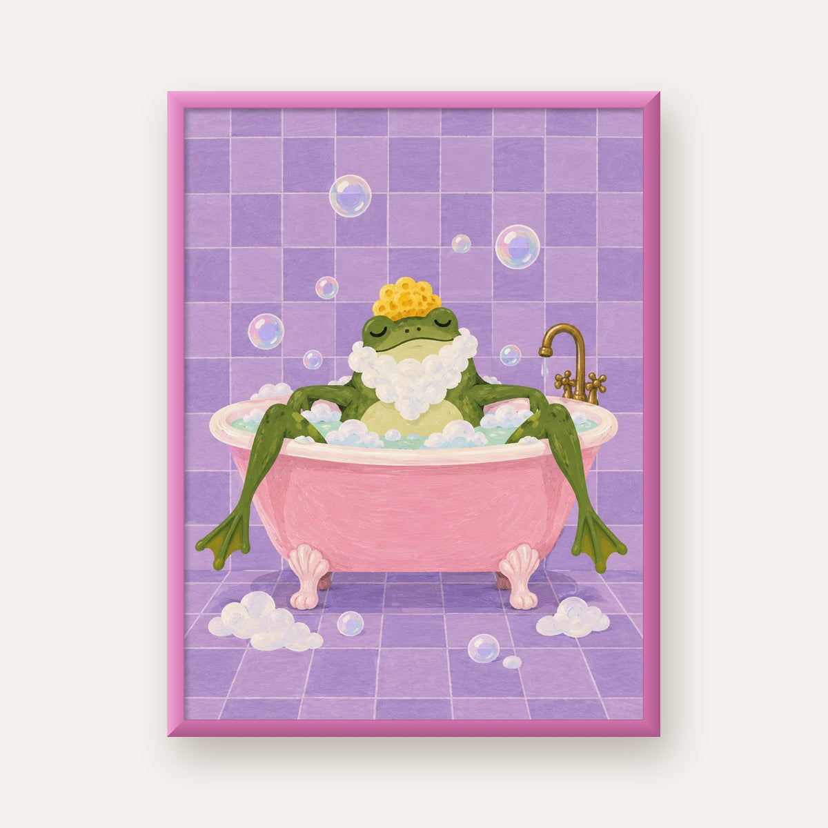 Küvette Rahatlayan Kurbağa Sevimli Poster – Mor & Pembe Dekor — pembe çerçeveli