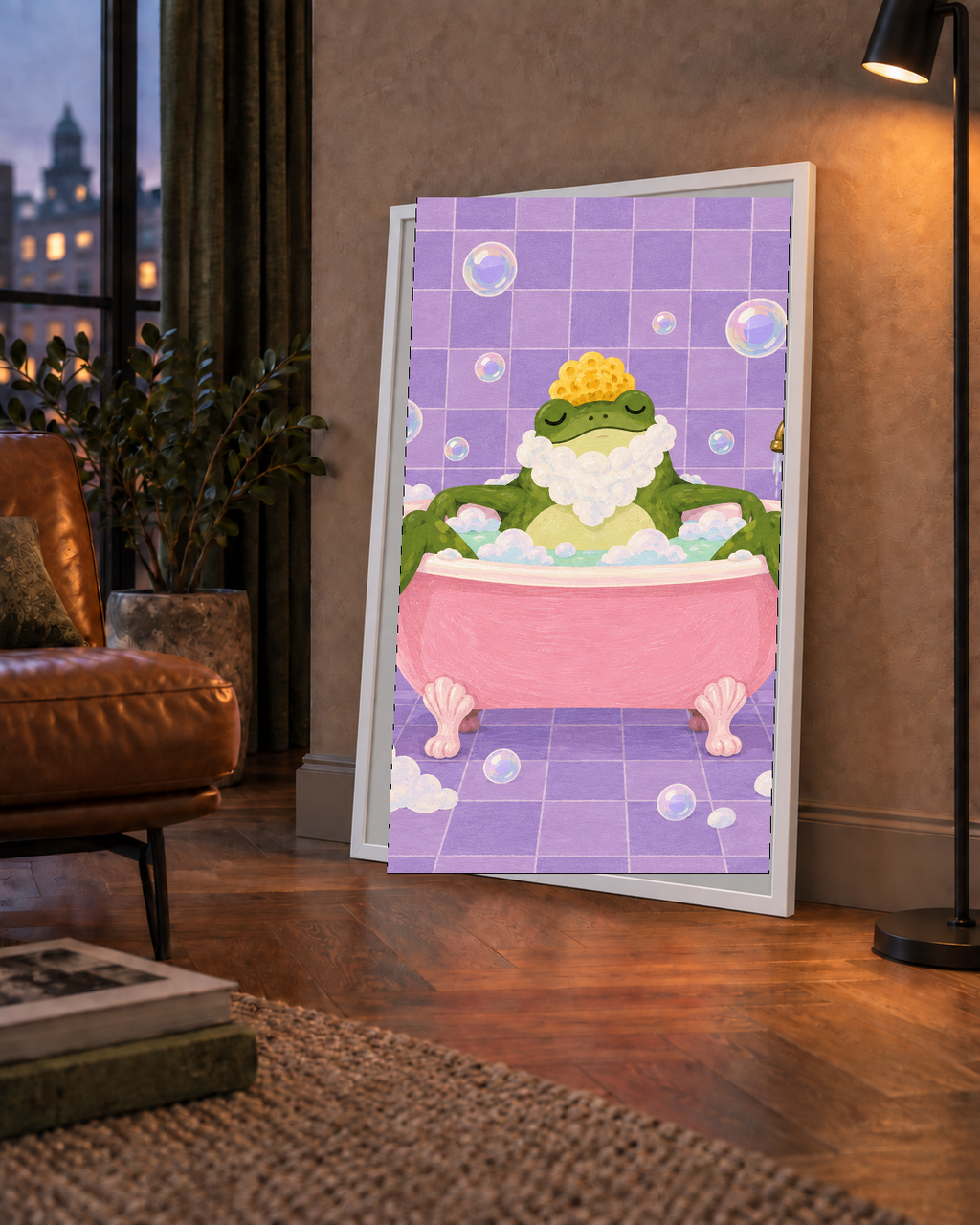 Küvette Rahatlayan Kurbağa Sevimli Poster – Mor & Pembe Dekor