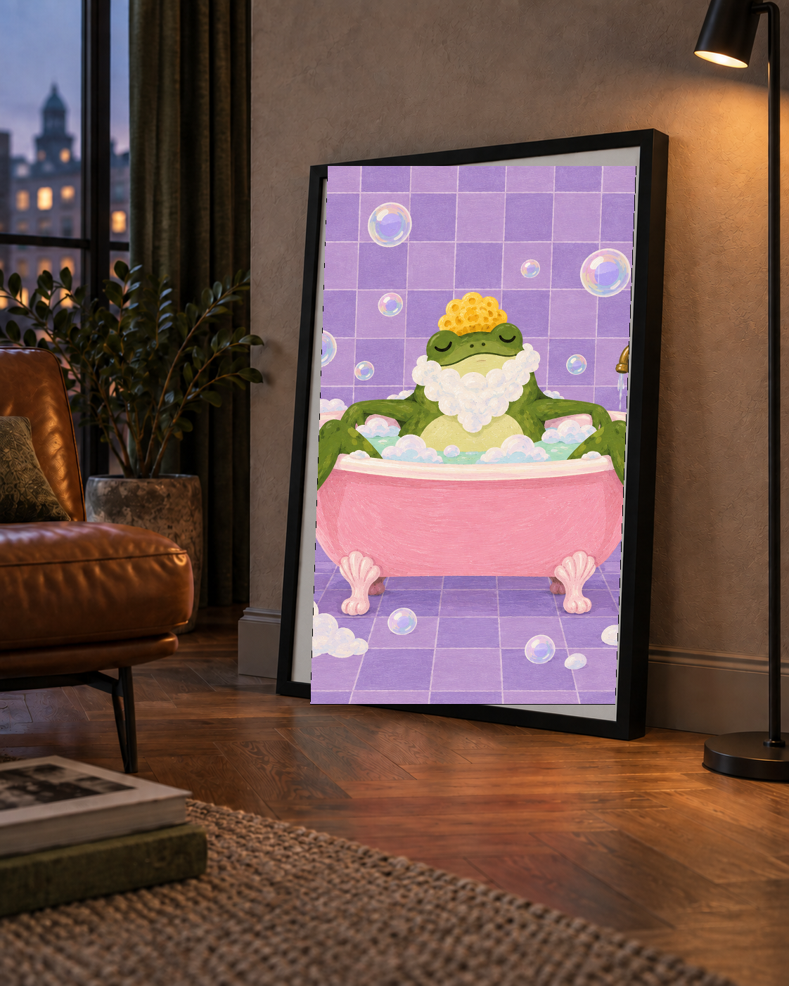 Küvette Rahatlayan Kurbağa Sevimli Poster – Mor & Pembe Dekor