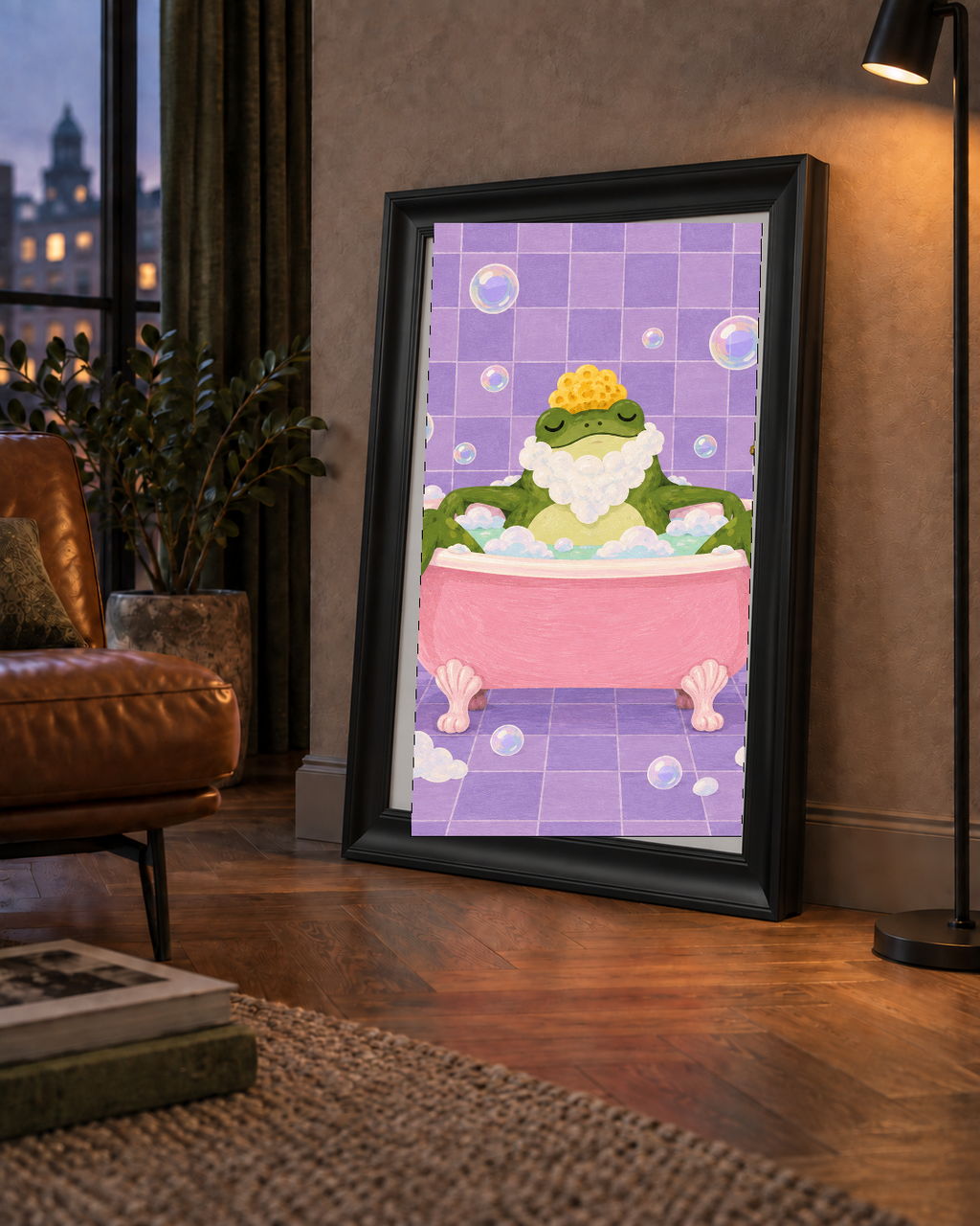Küvette Rahatlayan Kurbağa Sevimli Poster – Mor & Pembe Dekor