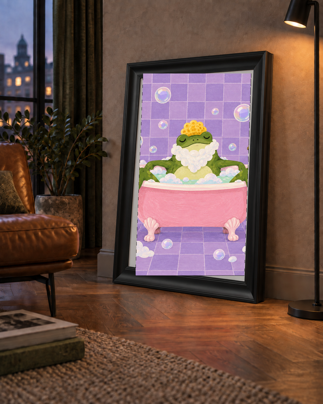 Küvette Rahatlayan Kurbağa Sevimli Poster – Mor & Pembe Dekor