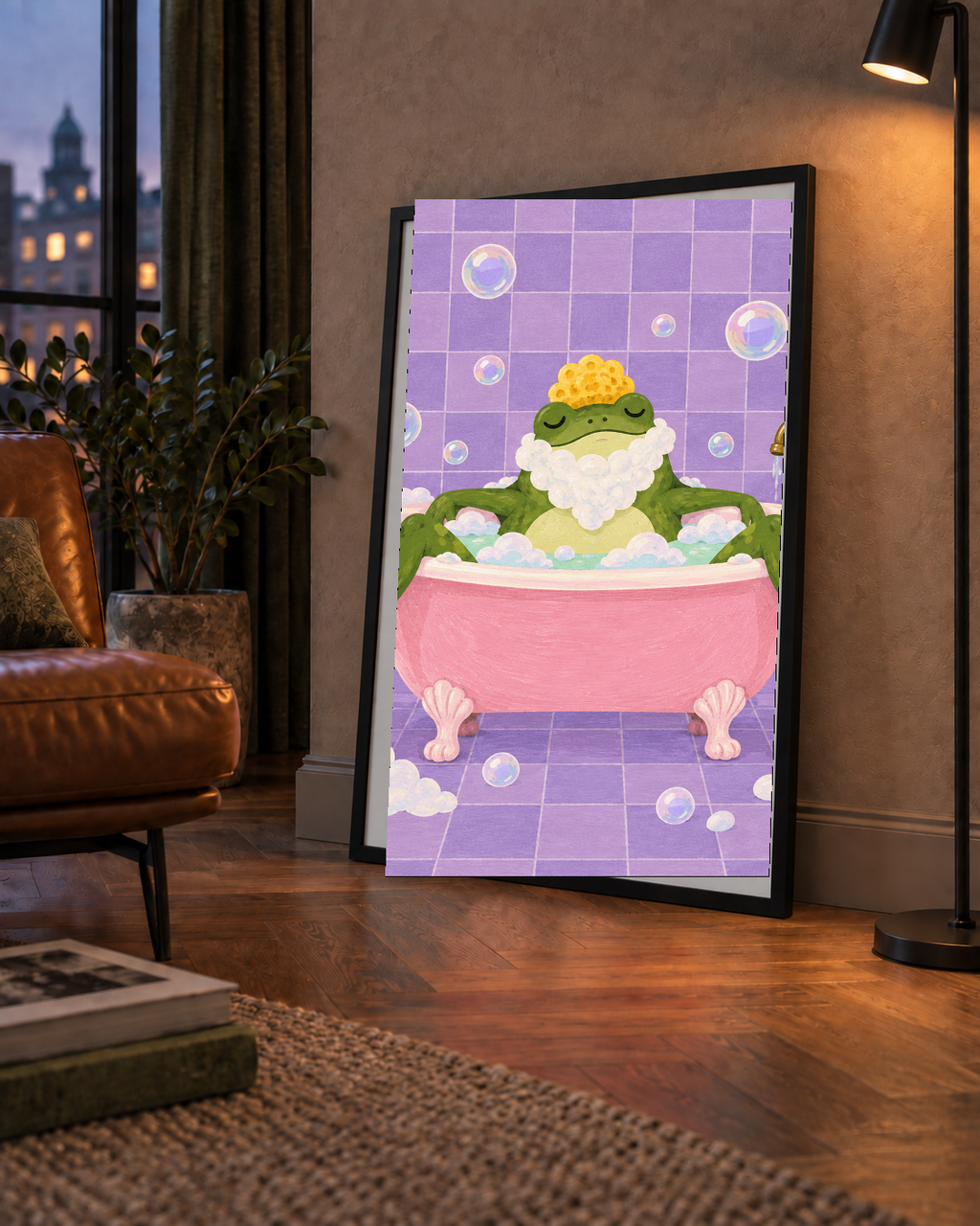 Küvette Rahatlayan Kurbağa Sevimli Poster – Mor & Pembe Dekor