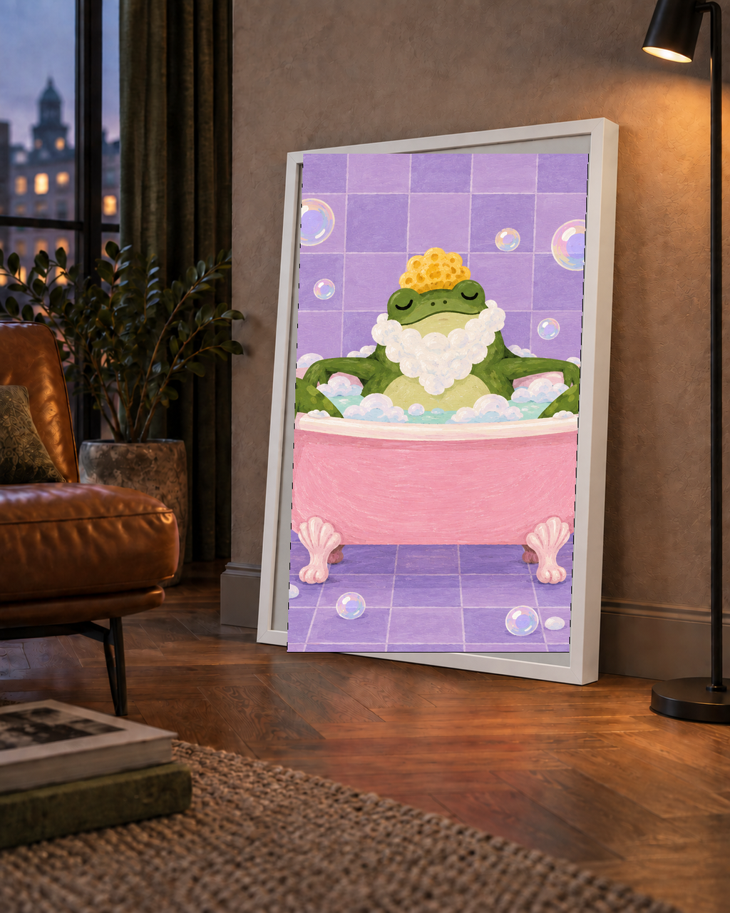 Küvette Rahatlayan Kurbağa Sevimli Poster – Mor & Pembe Dekor