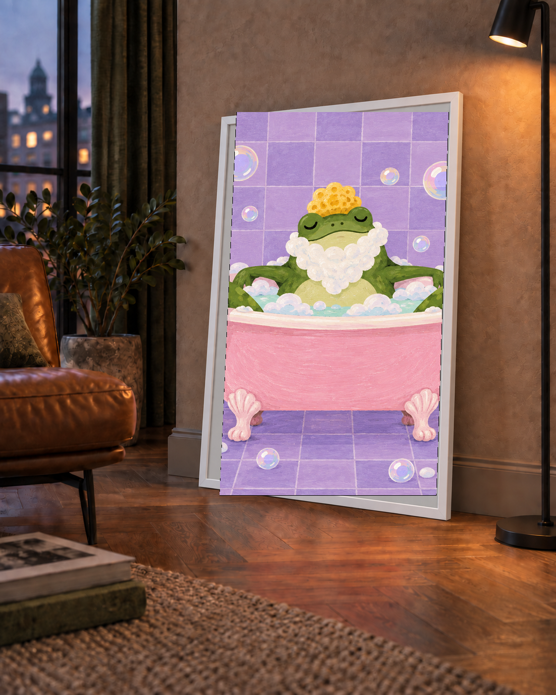 Küvette Rahatlayan Kurbağa Sevimli Poster – Mor & Pembe Dekor