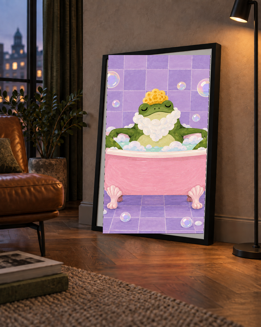 Küvette Rahatlayan Kurbağa Sevimli Poster – Mor & Pembe Dekor