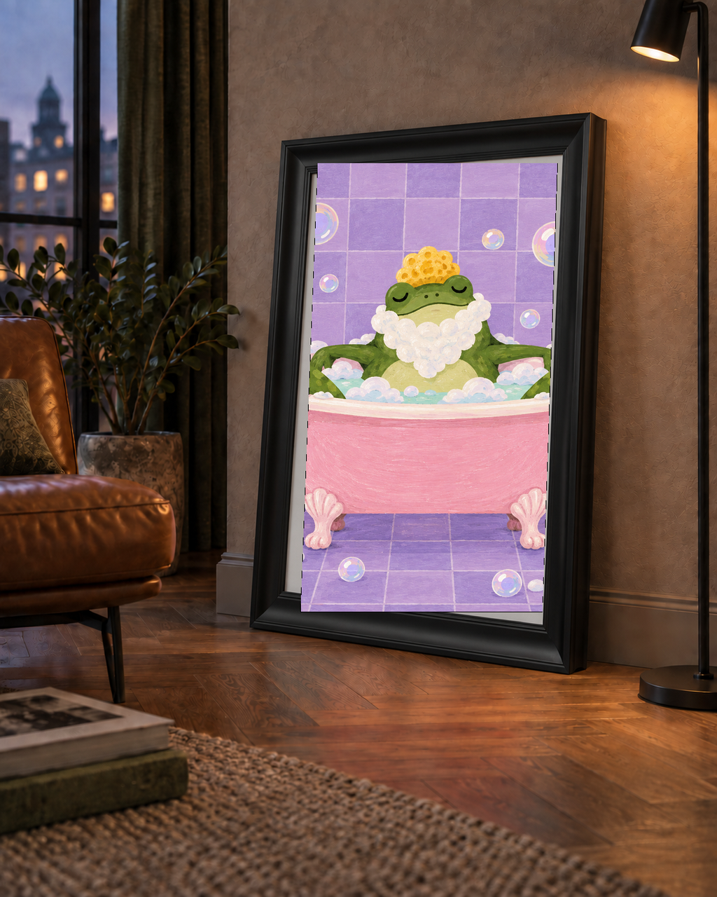 Küvette Rahatlayan Kurbağa Sevimli Poster – Mor & Pembe Dekor