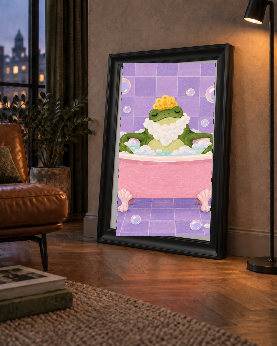 Küvette Rahatlayan Kurbağa Sevimli Poster – Mor & Pembe Dekor