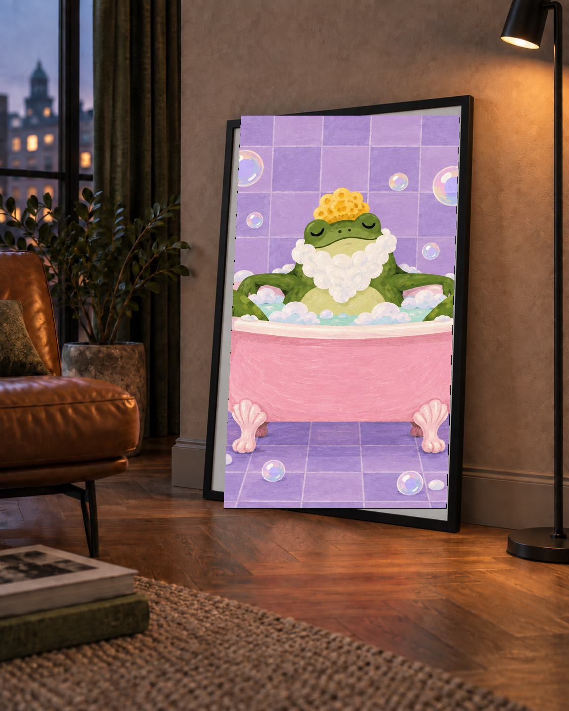 Küvette Rahatlayan Kurbağa Sevimli Poster – Mor & Pembe Dekor