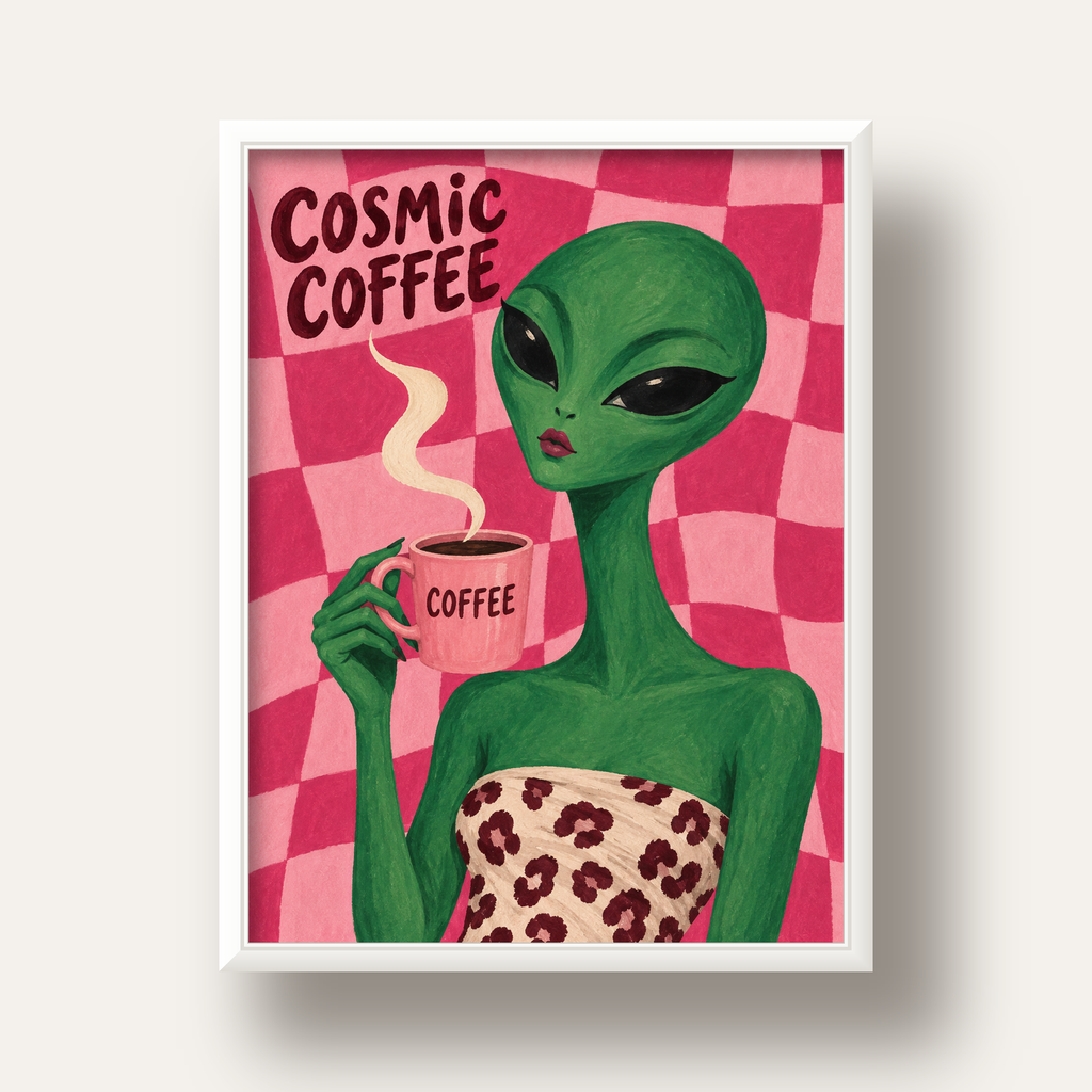 Cosmic Coffee Uzaylı Kahve Poster – Renkli İllüstrasyon Duvar Sanatı — beyaz derin çerçeveli