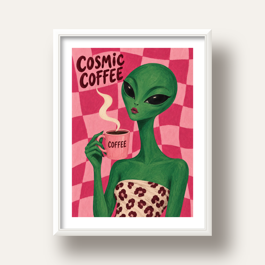 Cosmic Coffee Uzaylı Kahve Poster – Renkli İllüstrasyon Duvar Sanatı — beyaz derin çerçeveli paspartulu