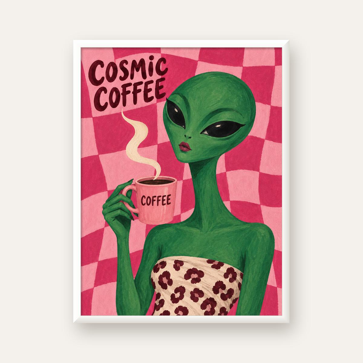 Cosmic Coffee Uzaylı Kahve Poster – Renkli İllüstrasyon Duvar Sanatı — beyaz çerçeveli dikey poster