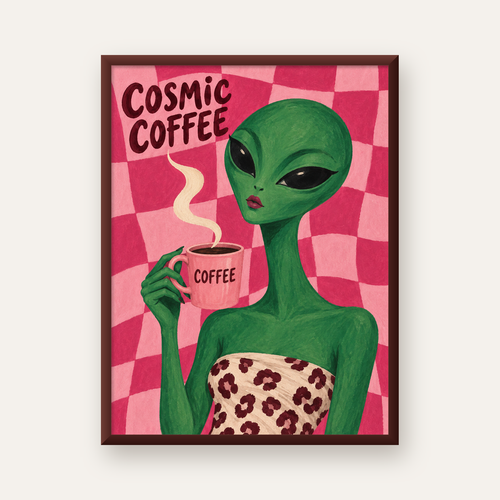 Cosmic Coffee Uzaylı Kahve Poster – Renkli İllüstrasyon Duvar Sanatı — ceviz çerçeveli