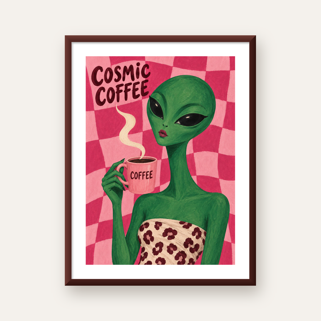Cosmic Coffee Uzaylı Kahve Poster – Renkli İllüstrasyon Duvar Sanatı — ceviz çerçeveli paspartulu