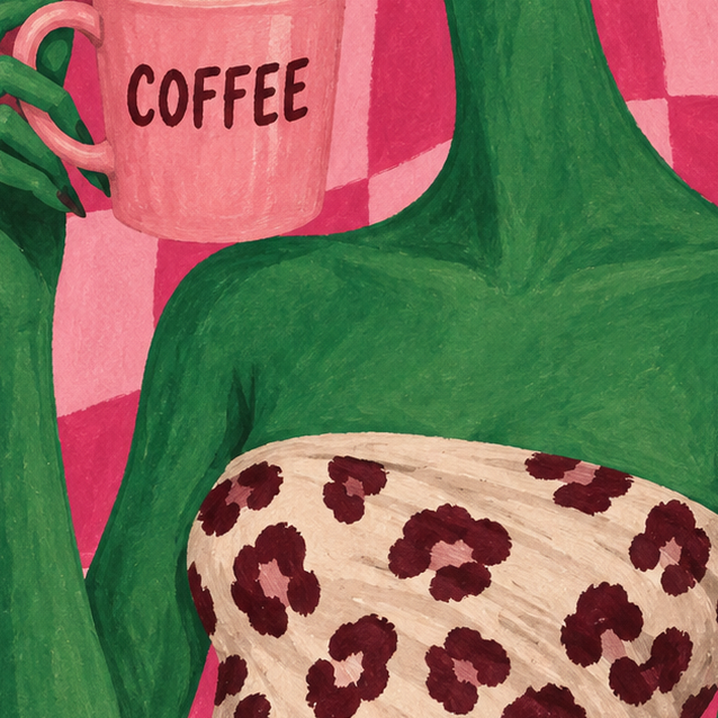 Cosmic Coffee Uzaylı Kahve Poster – Renkli İllüstrasyon Duvar Sanatı — baskının yakın çekimi, kâğıt dokusu ve renk detayı