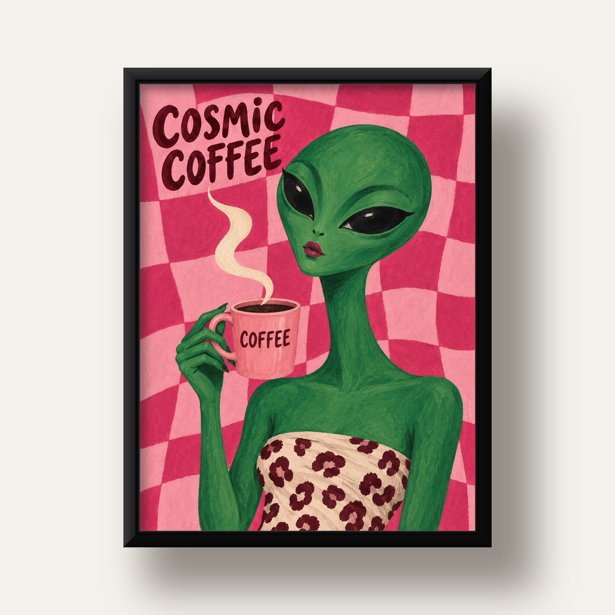 Cosmic Coffee Uzaylı Kahve Poster – Renkli İllüstrasyon Duvar Sanatı — siyah derin çerçeveli