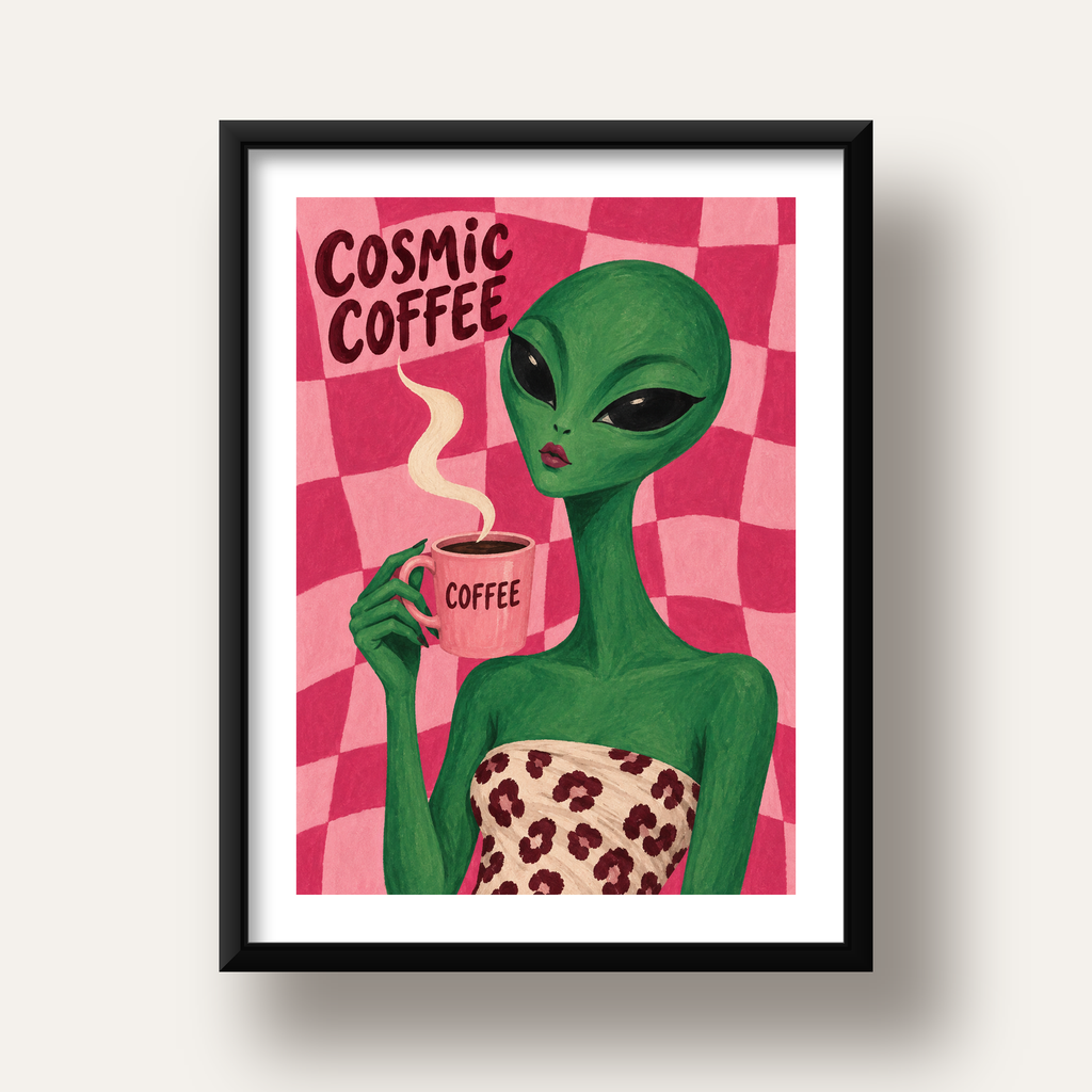Cosmic Coffee Uzaylı Kahve Poster – Renkli İllüstrasyon Duvar Sanatı — siyah derin çerçeveli paspartulu