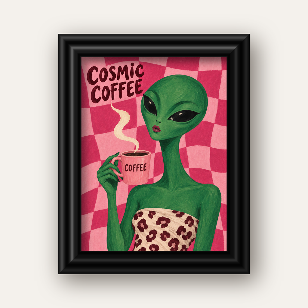 Cosmic Coffee Uzaylı Kahve Poster – Renkli İllüstrasyon Duvar Sanatı — siyah galeri çerçeveli