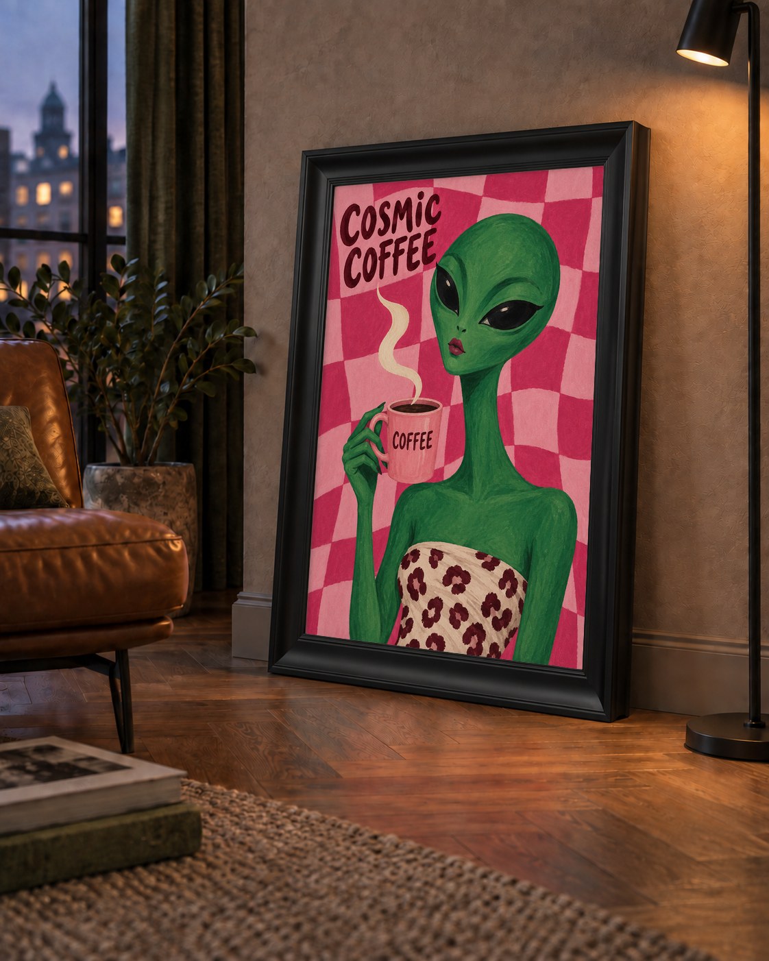 Cosmic Coffee Uzaylı Kahve Poster – Renkli İllüstrasyon Duvar Sanatı — çerçeveli hâliyle bir ev duvarında