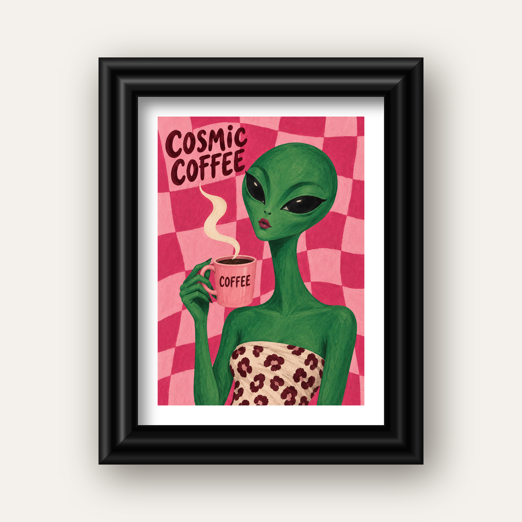 Cosmic Coffee Uzaylı Kahve Poster – Renkli İllüstrasyon Duvar Sanatı — siyah galeri çerçeveli paspartulu