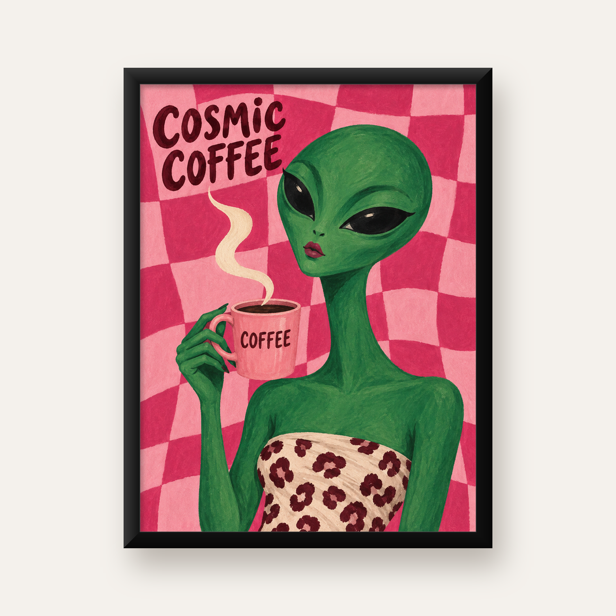 Cosmic Coffee Uzaylı Kahve Poster – Renkli İllüstrasyon Duvar Sanatı — Dikey baskı, düz siyah çerçeveli duvar posteri