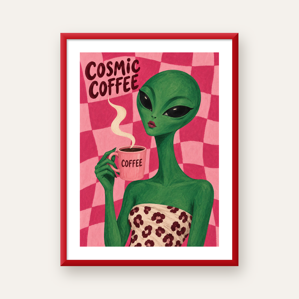 Cosmic Coffee Uzaylı Kahve Poster – Renkli İllüstrasyon Duvar Sanatı — kırmızı çerçeveli paspartulu