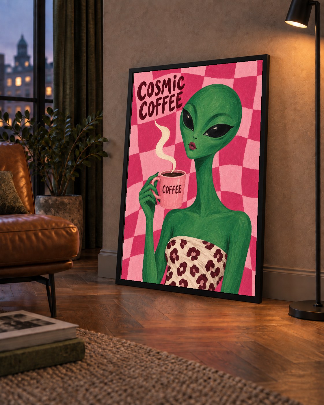 Cosmic Coffee Uzaylı Kahve Poster – Renkli İllüstrasyon Duvar Sanatı