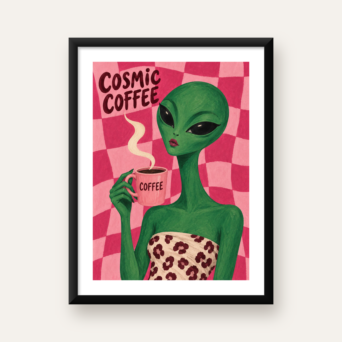 Cosmic Coffee Uzaylı Kahve Poster – Renkli İllüstrasyon Duvar Sanatı — Dikey baskı, beyaz paspartulu
