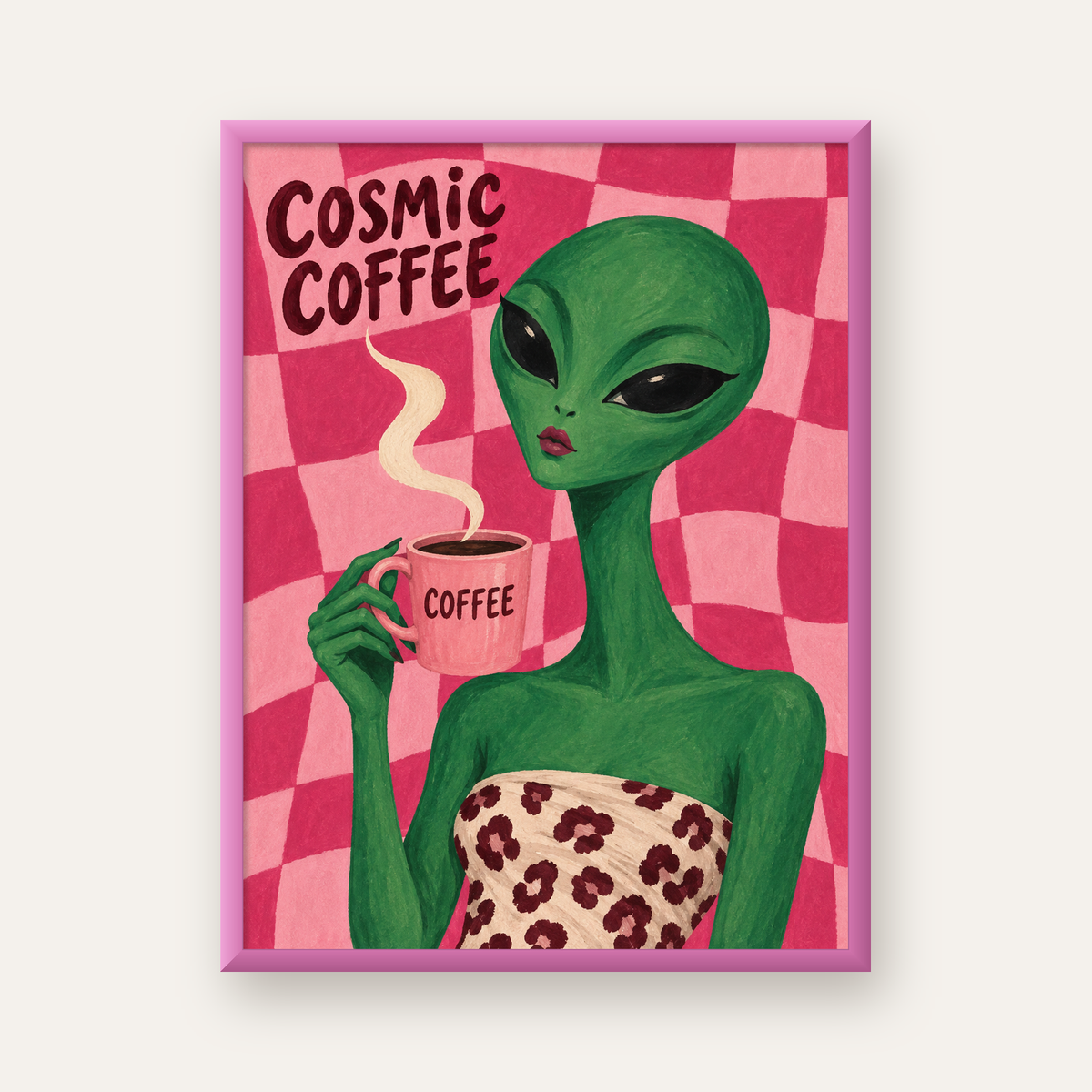 Cosmic Coffee Uzaylı Kahve Poster – Renkli İllüstrasyon Duvar Sanatı — pembe çerçeveli