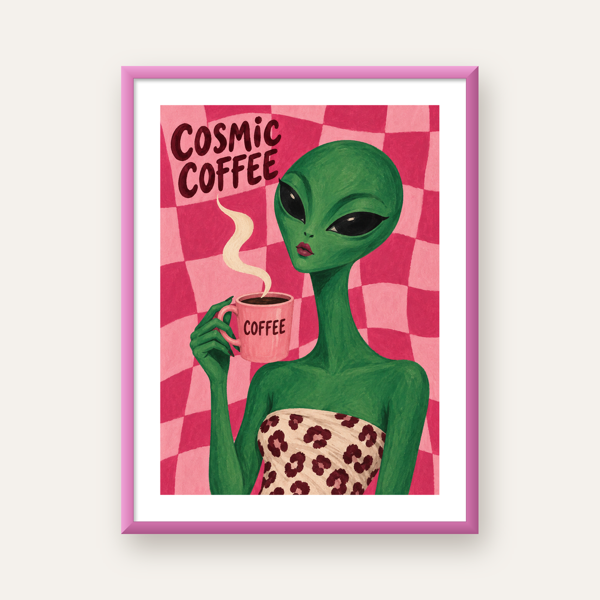 Cosmic Coffee Uzaylı Kahve Poster – Renkli İllüstrasyon Duvar Sanatı — pembe çerçeveli paspartulu