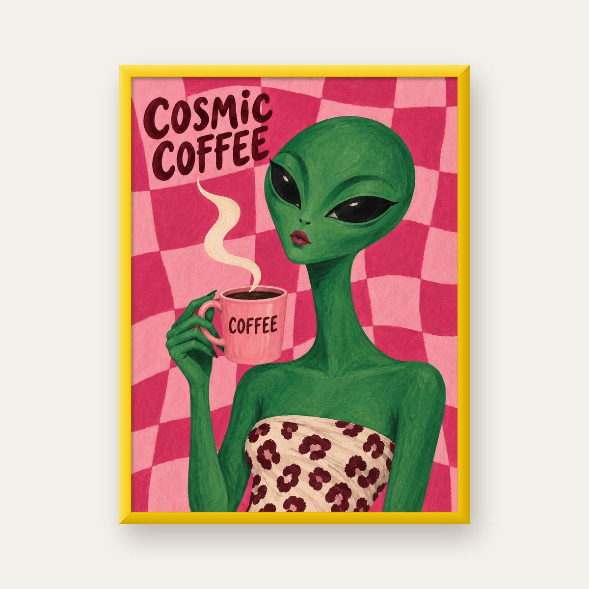 Cosmic Coffee Uzaylı Kahve Poster – Renkli İllüstrasyon Duvar Sanatı — sarı çerçeveli