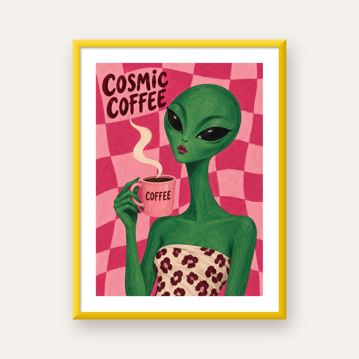 Cosmic Coffee Uzaylı Kahve Poster – Renkli İllüstrasyon Duvar Sanatı — sarı çerçeveli paspartulu