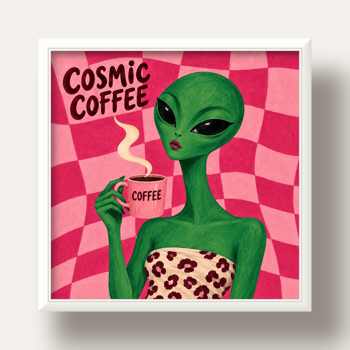 Cosmic Coffee Uzaylı Kahve Poster – Renkli İllüstrasyon Duvar Sanatı — beyaz derin çerçeveli