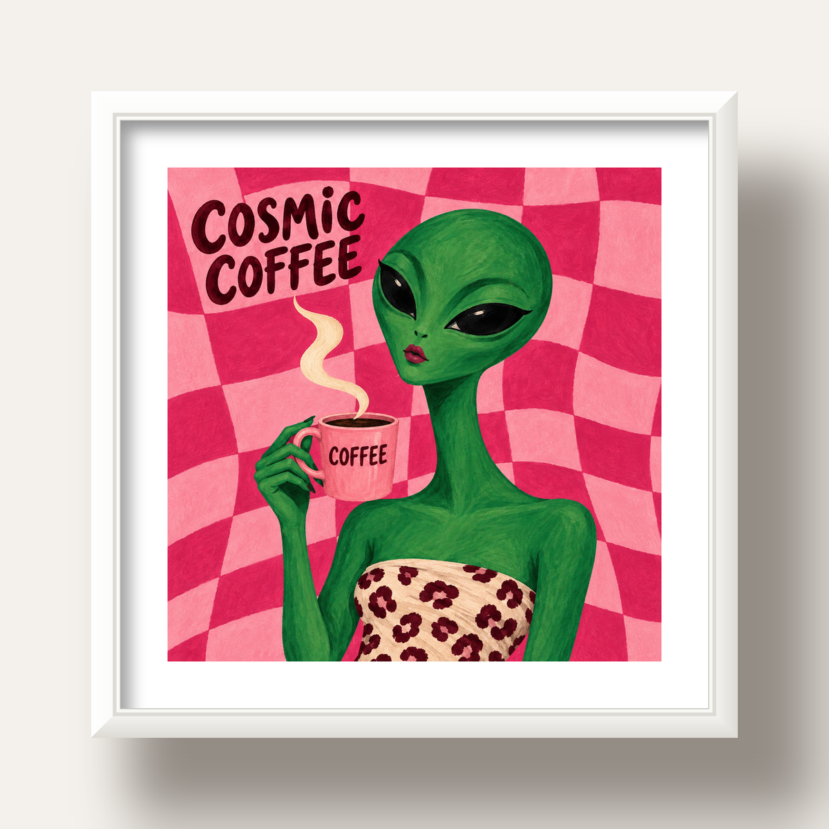 Cosmic Coffee Uzaylı Kahve Poster – Renkli İllüstrasyon Duvar Sanatı — beyaz derin çerçeveli paspartulu
