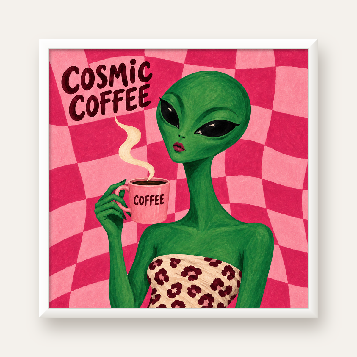 Cosmic Coffee Uzaylı Kahve Poster – Renkli İllüstrasyon Duvar Sanatı — beyaz çerçeveli kare poster