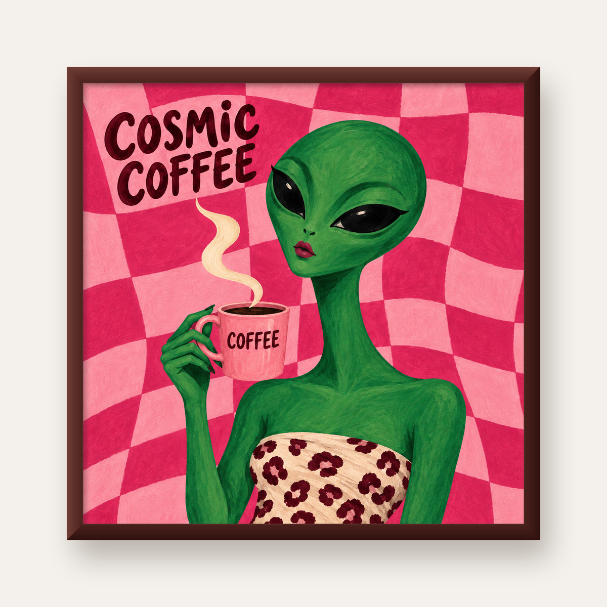 Cosmic Coffee Uzaylı Kahve Poster – Renkli İllüstrasyon Duvar Sanatı — ceviz çerçeveli