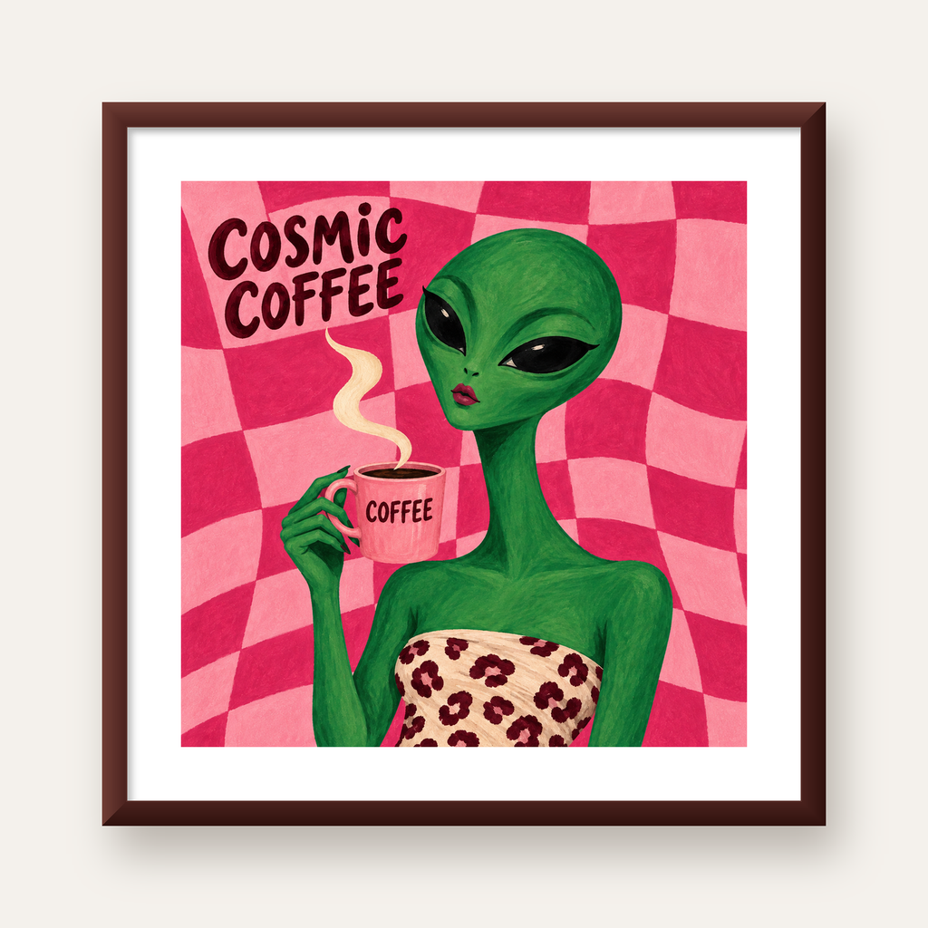 Cosmic Coffee Uzaylı Kahve Poster – Renkli İllüstrasyon Duvar Sanatı — ceviz çerçeveli paspartulu