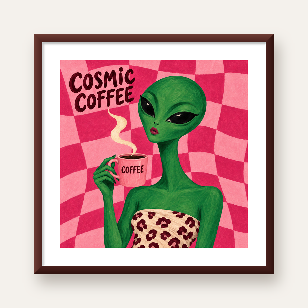 Cosmic Coffee Uzaylı Kahve Poster – Renkli İllüstrasyon Duvar Sanatı — ceviz çerçeveli paspartulu