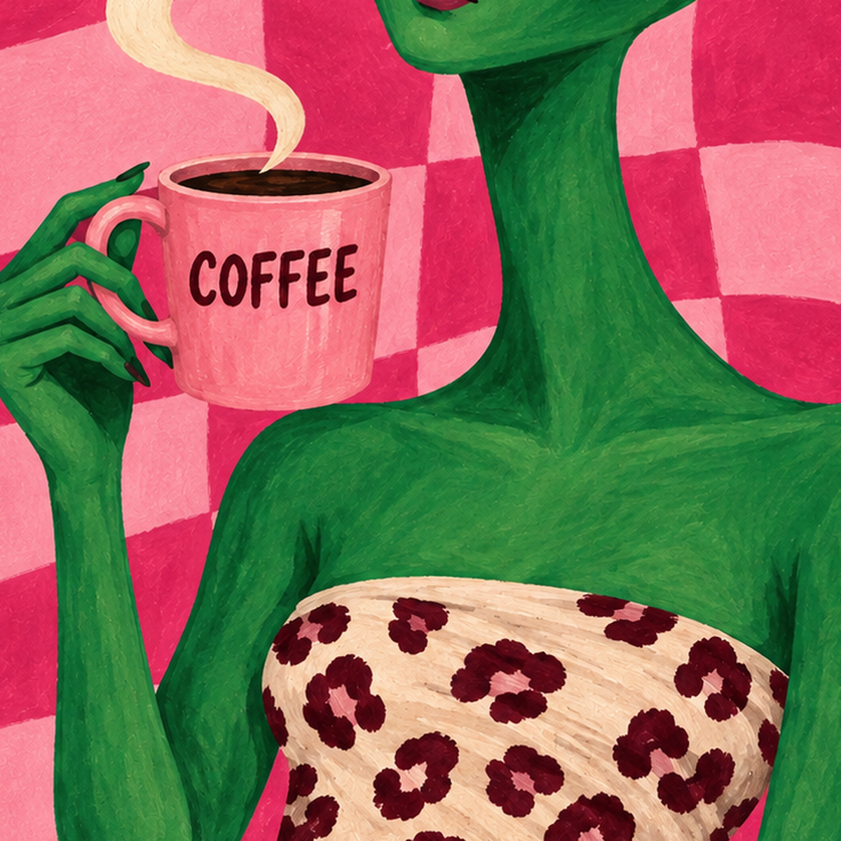 Cosmic Coffee Uzaylı Kahve Poster – Renkli İllüstrasyon Duvar Sanatı — baskının yakın çekimi, kâğıt dokusu ve renk detayı