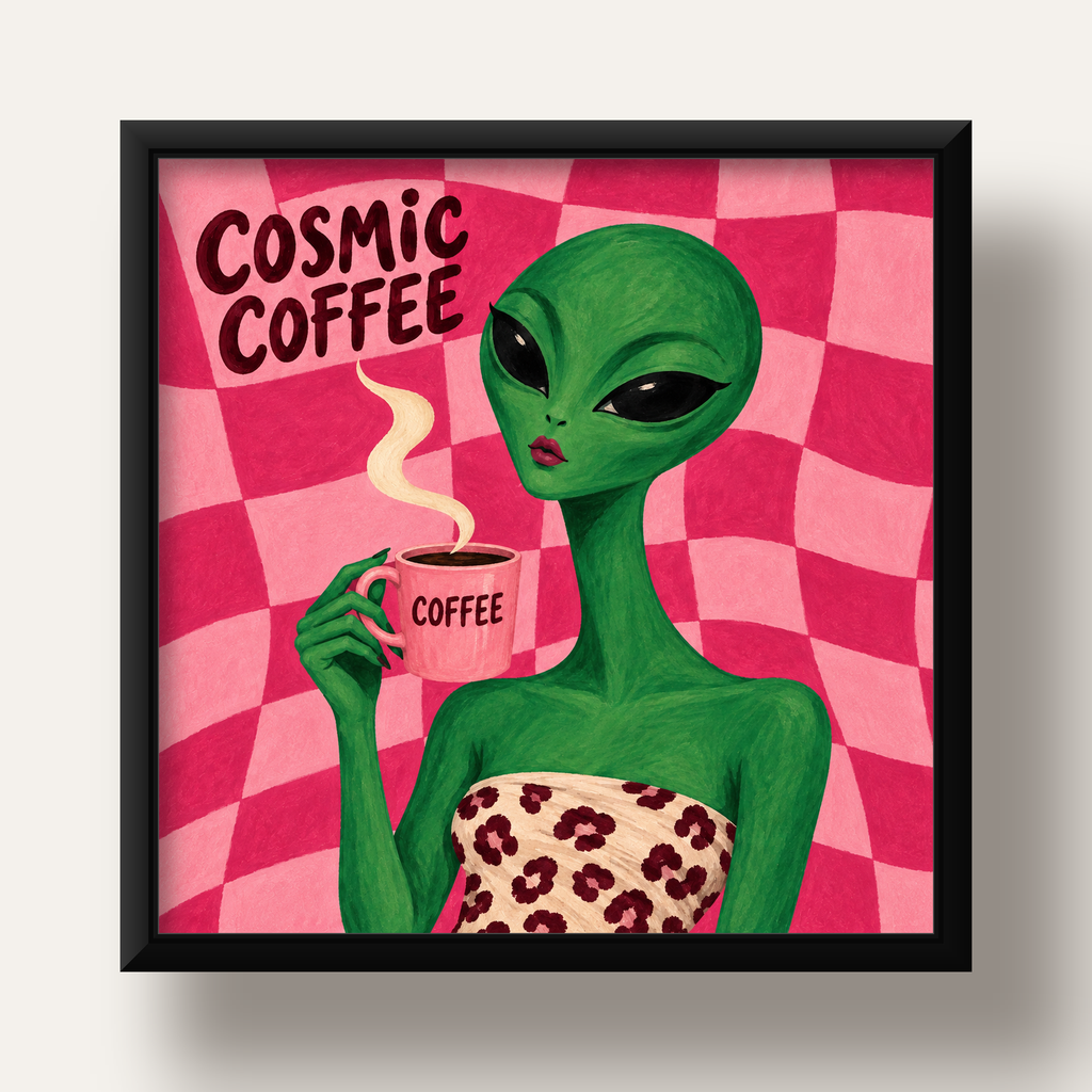 Cosmic Coffee Uzaylı Kahve Poster – Renkli İllüstrasyon Duvar Sanatı — siyah derin çerçeveli