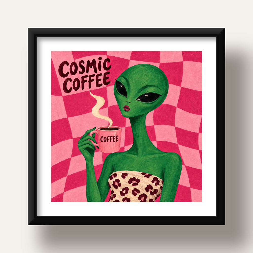 Cosmic Coffee Uzaylı Kahve Poster – Renkli İllüstrasyon Duvar Sanatı — siyah derin çerçeveli paspartulu